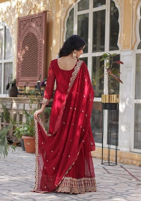 Maroon Sequin Zari Embroidered Faux Blooming Anarkali Set