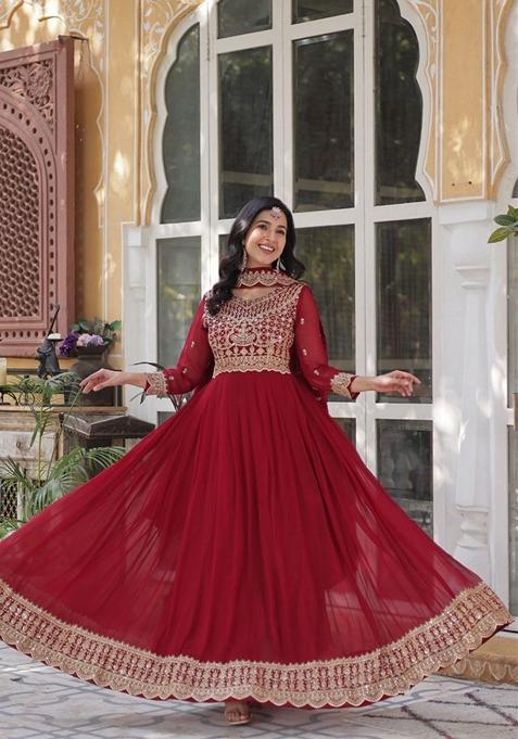 Maroon Sequin Zari Embroidered Faux Blooming Anarkali Set