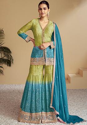 Aqua Blue Bandhani Digital Print Chinon Sharara Set