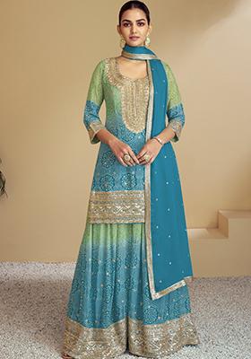 Aqua Blue Bandhani Digital Print Chinon Sharara Set