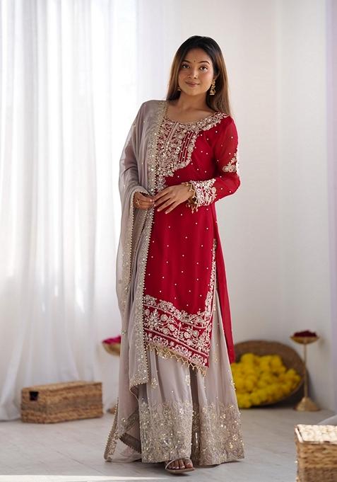 Red Thread Sequin Embroidered Faux Georgette Sharara Set