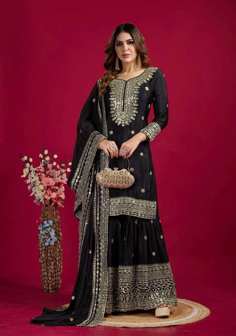 Black Embroidered Chinon Sharara Set - Indya