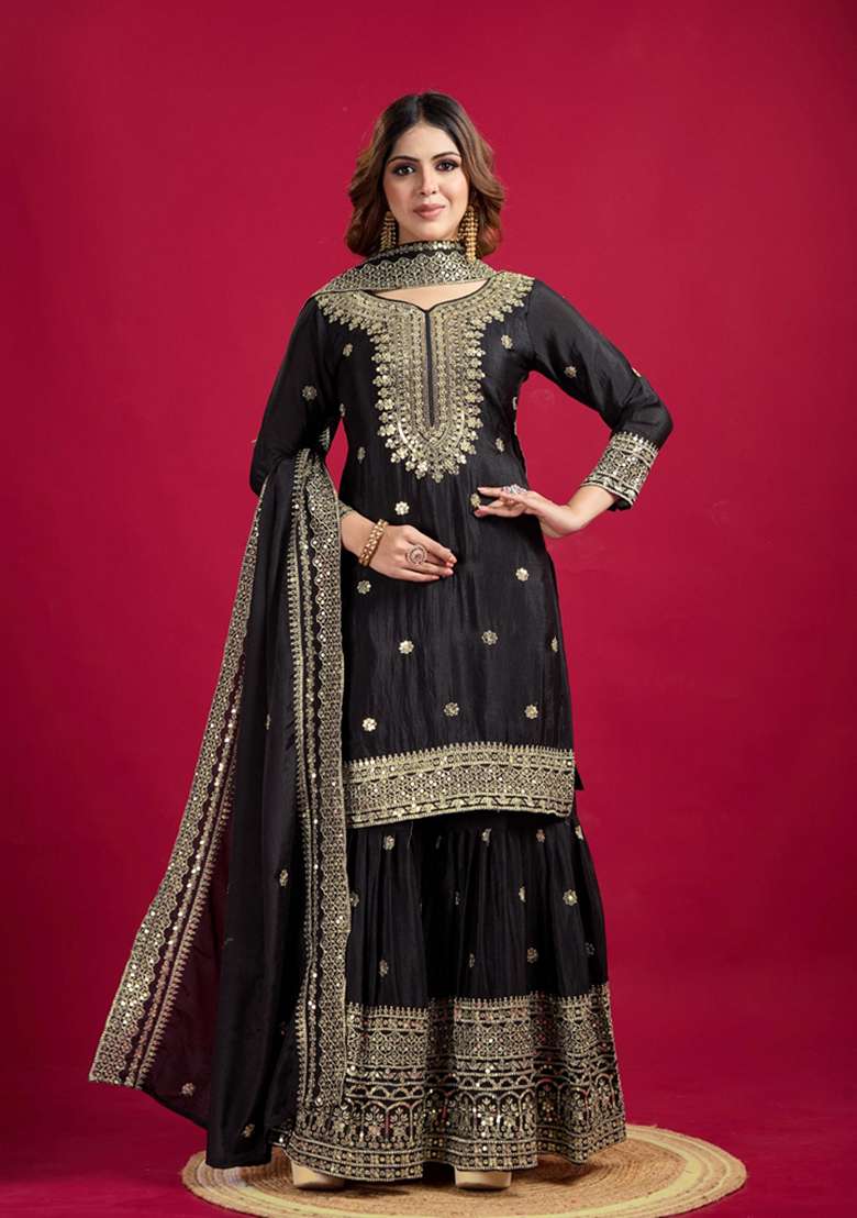 Black Embroidered Chinon Sharara Set - Indya