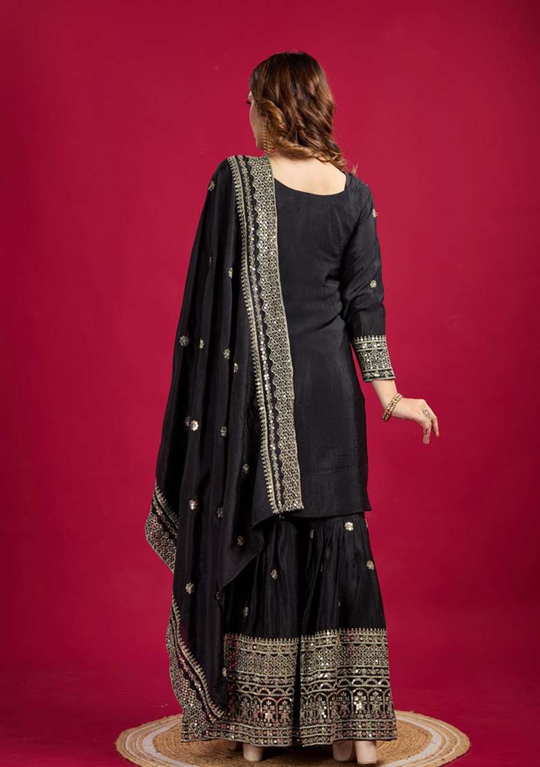 Black Embroidered Chinon Sharara Set - Indya