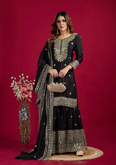 Black Thread Sequin Embroidered Chinon Sharara Set