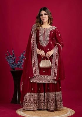 Maroon Thread Sequin Embroidered Chinon Sharara Set