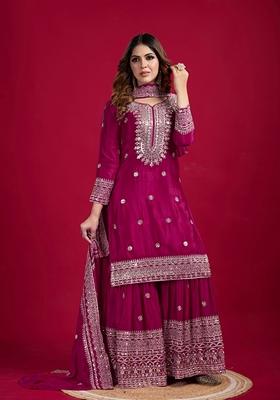 Rani Pink Thread Sequin Embroidered Chinon Sharara Set