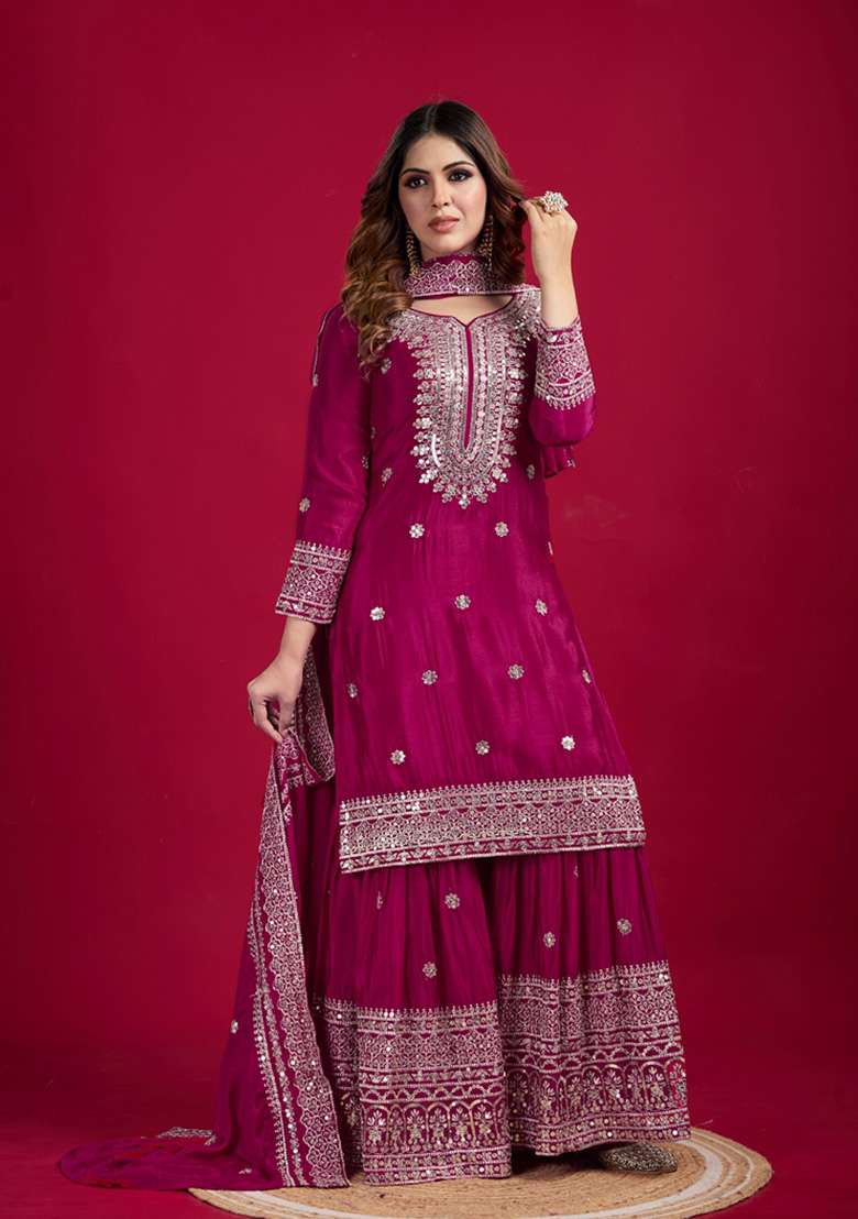 Rani Pink Embroidered Chinon Sharara Set - Indya