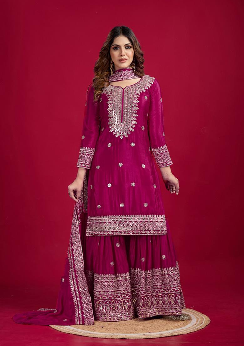 Rani Pink Thread Sequin Embroidered Chinon Sharara Set
