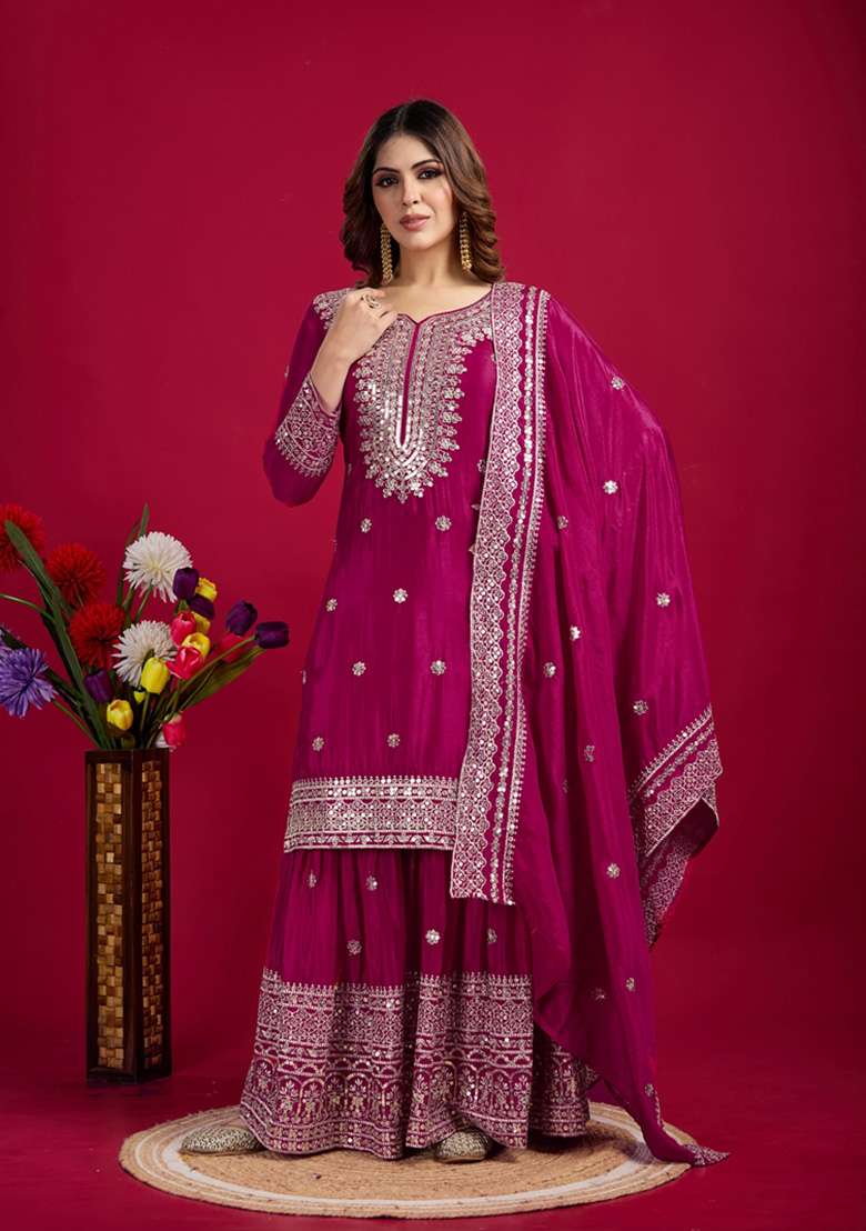 Rani Pink Embroidered Chinon Sharara Set - Indya