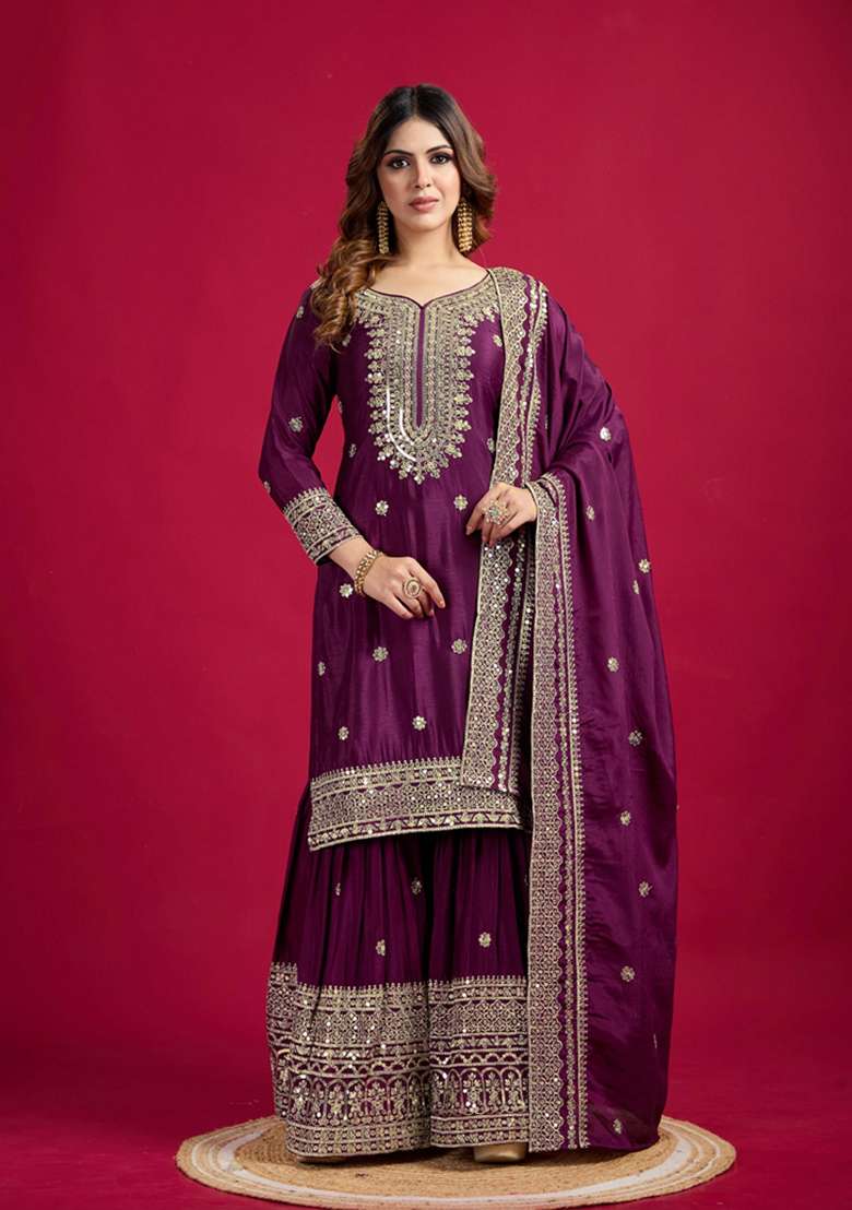 Violet Embroidered Chinon Sharara Set - Indya