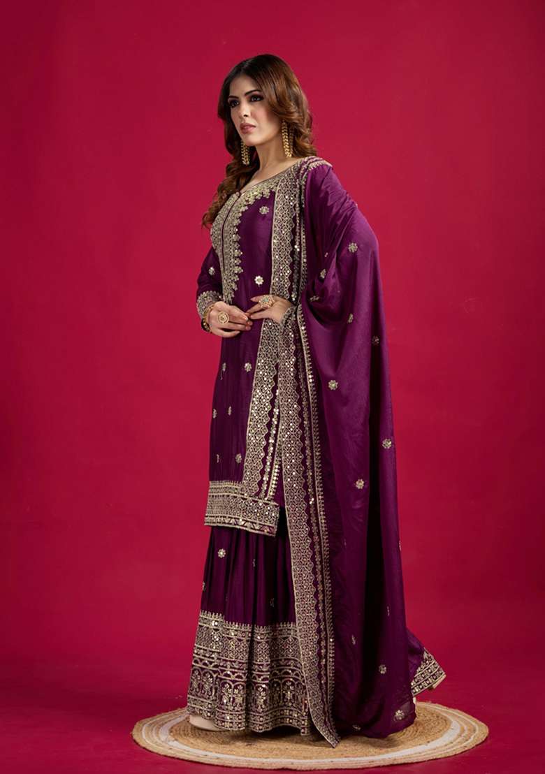 Violet Embroidered Chinon Sharara Set - Indya