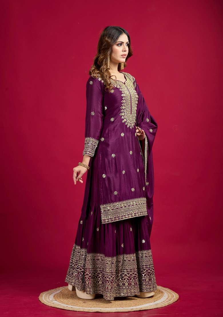 Violet Embroidered Chinon Sharara Set - Indya