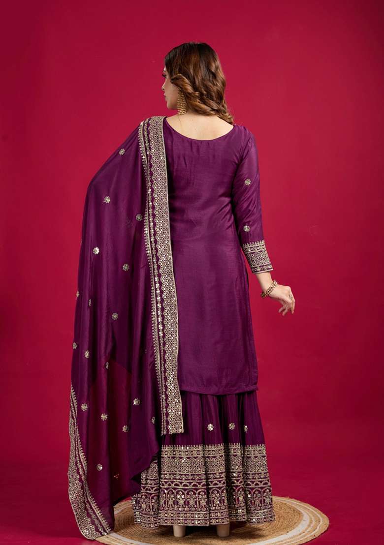 Violet Embroidered Chinon Sharara Set - Indya