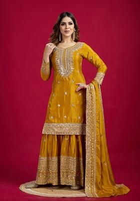 Mustard Thread Sequin Embroidered Chinon Sharara Set