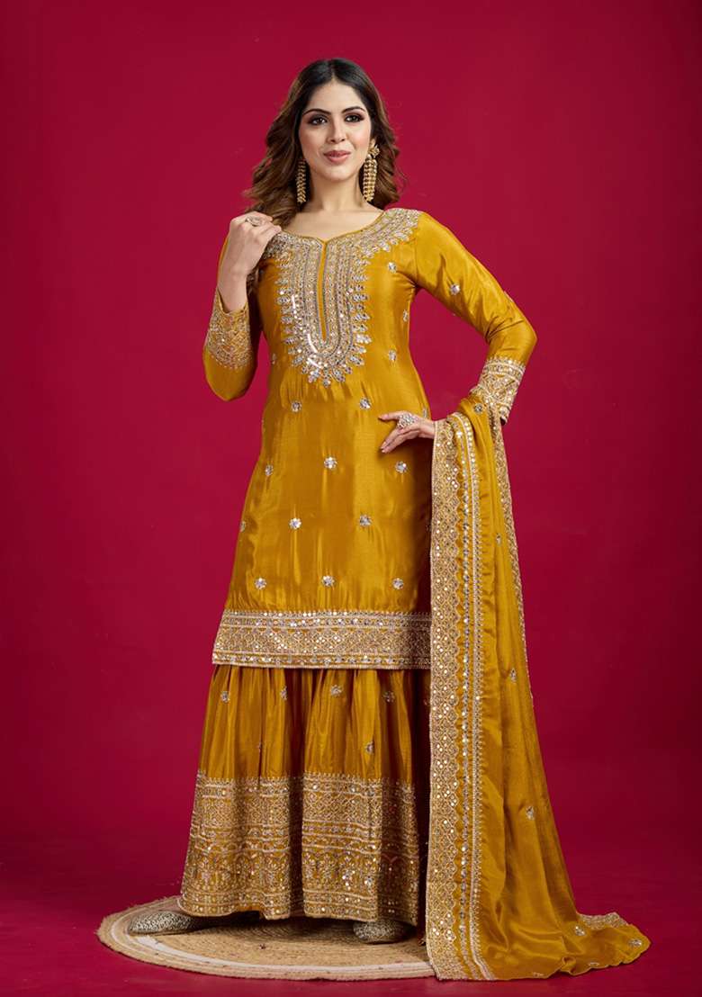 Mustard Embroidered Chinon Sharara Set - Indya