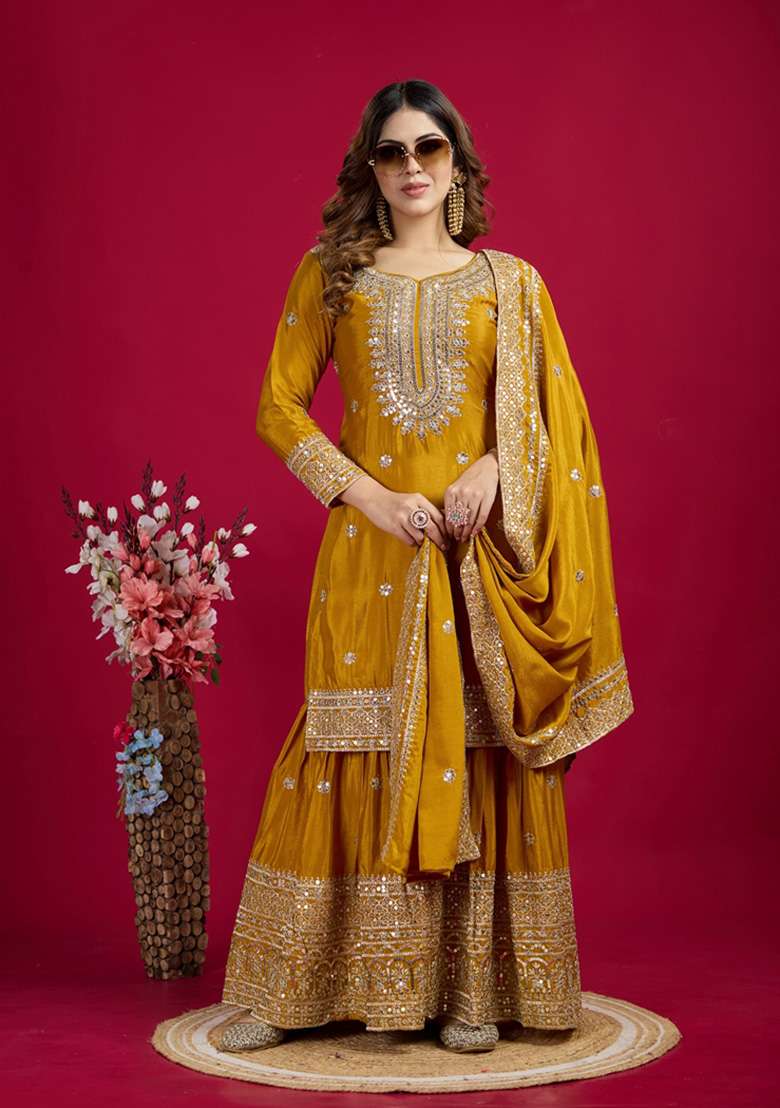 Mustard Embroidered Chinon Sharara Set - Indya