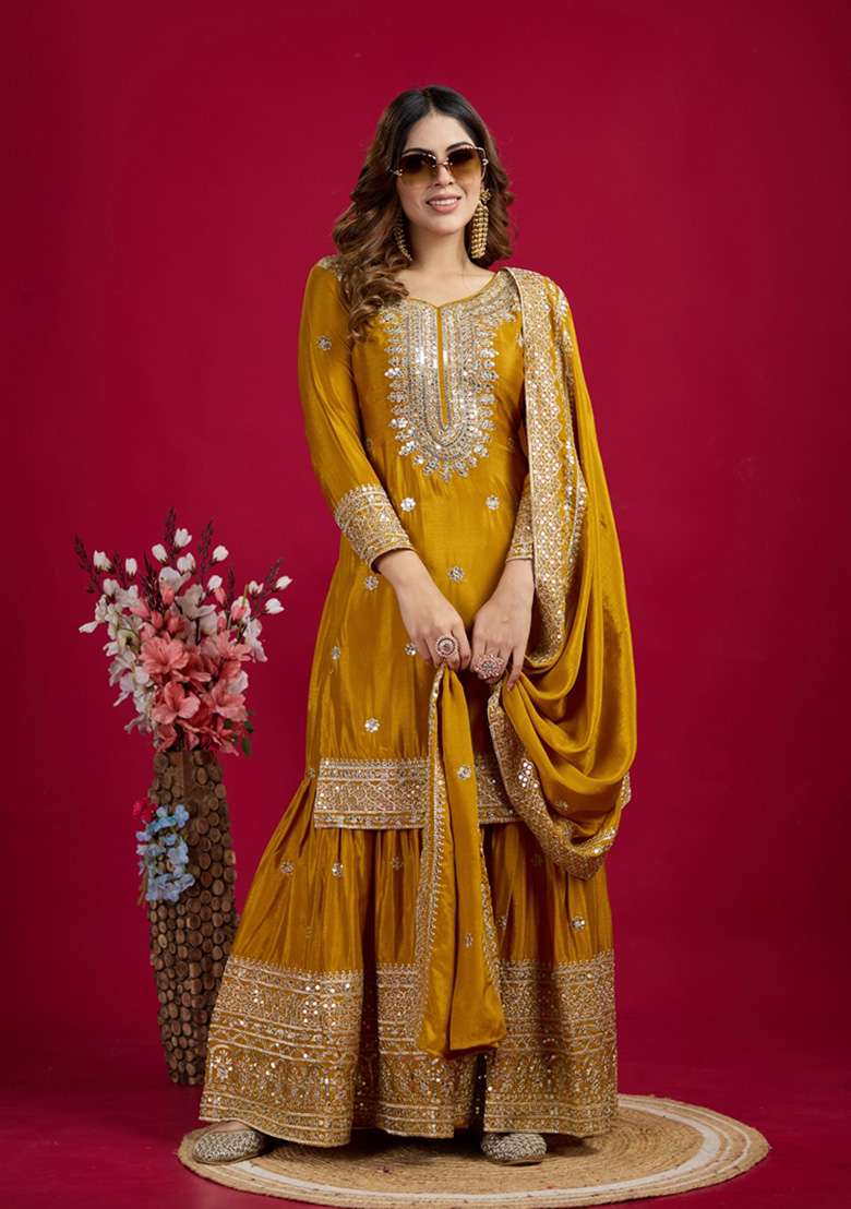 Mustard Embroidered Chinon Sharara Set - Indya