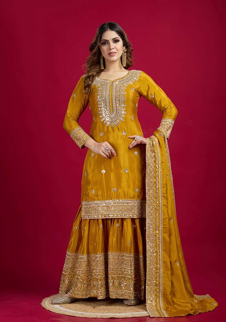 Mustard Embroidered Chinon Sharara Set - Indya