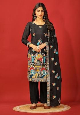 Black Thread Sequin Embroidered Chinon Kurta Set