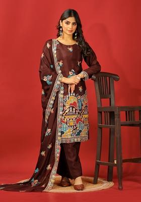 Coffee Brown Thread Sequin Embroidered Chinon Kurta Set