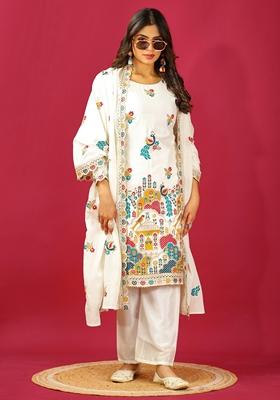 White Thread Sequin Embroidered Chinon Kurta Set
