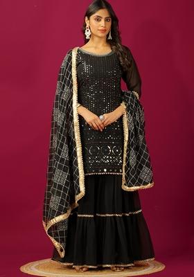 Black Thread Sequin Embroidered Faux Georgette Sharara Set