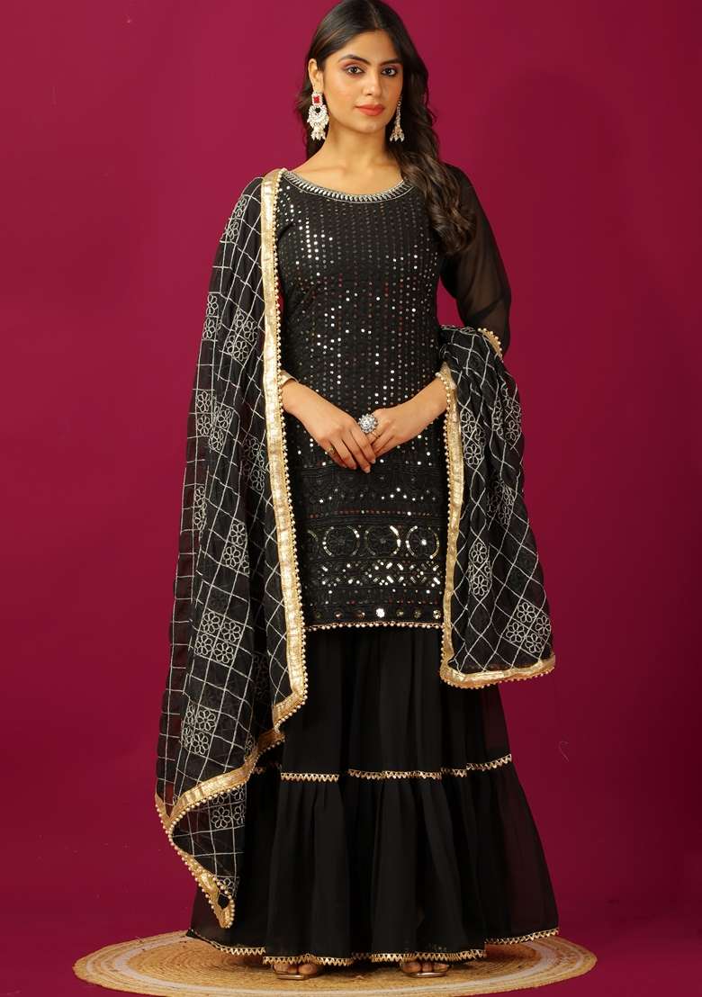 Black Thread Sequin Embroidered Faux Georgette Sharara Set - Indya