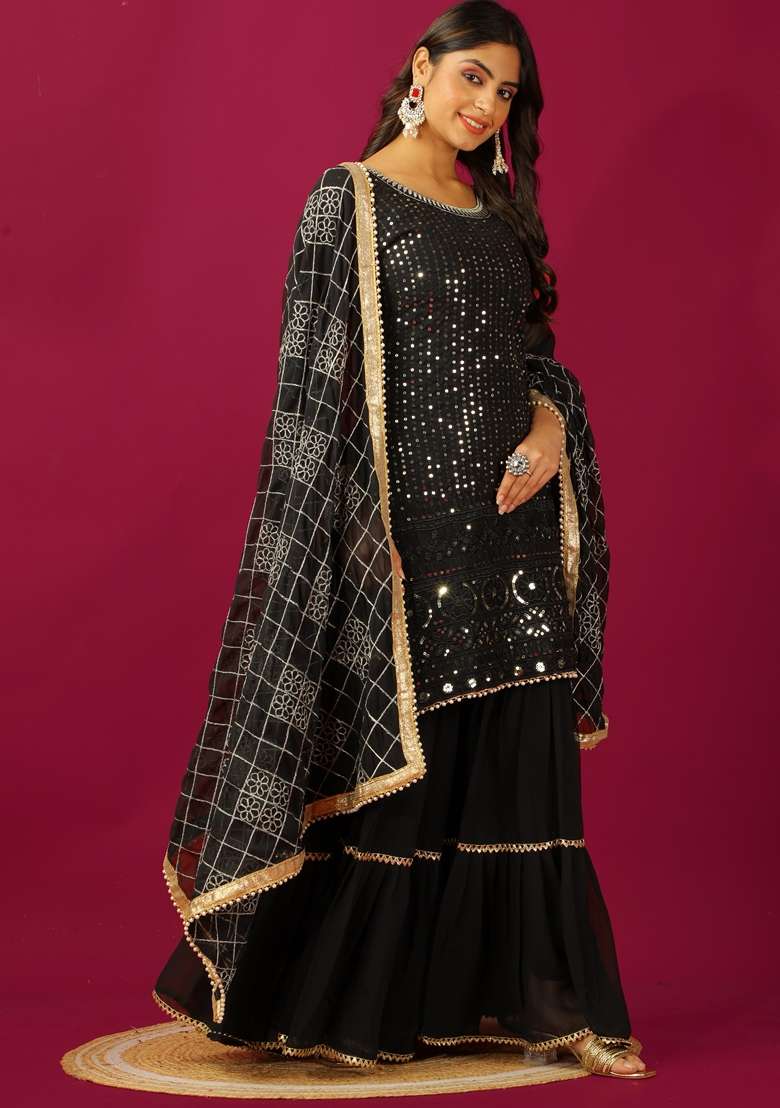 Black Thread Sequin Embroidered Faux Georgette Sharara Set - Indya