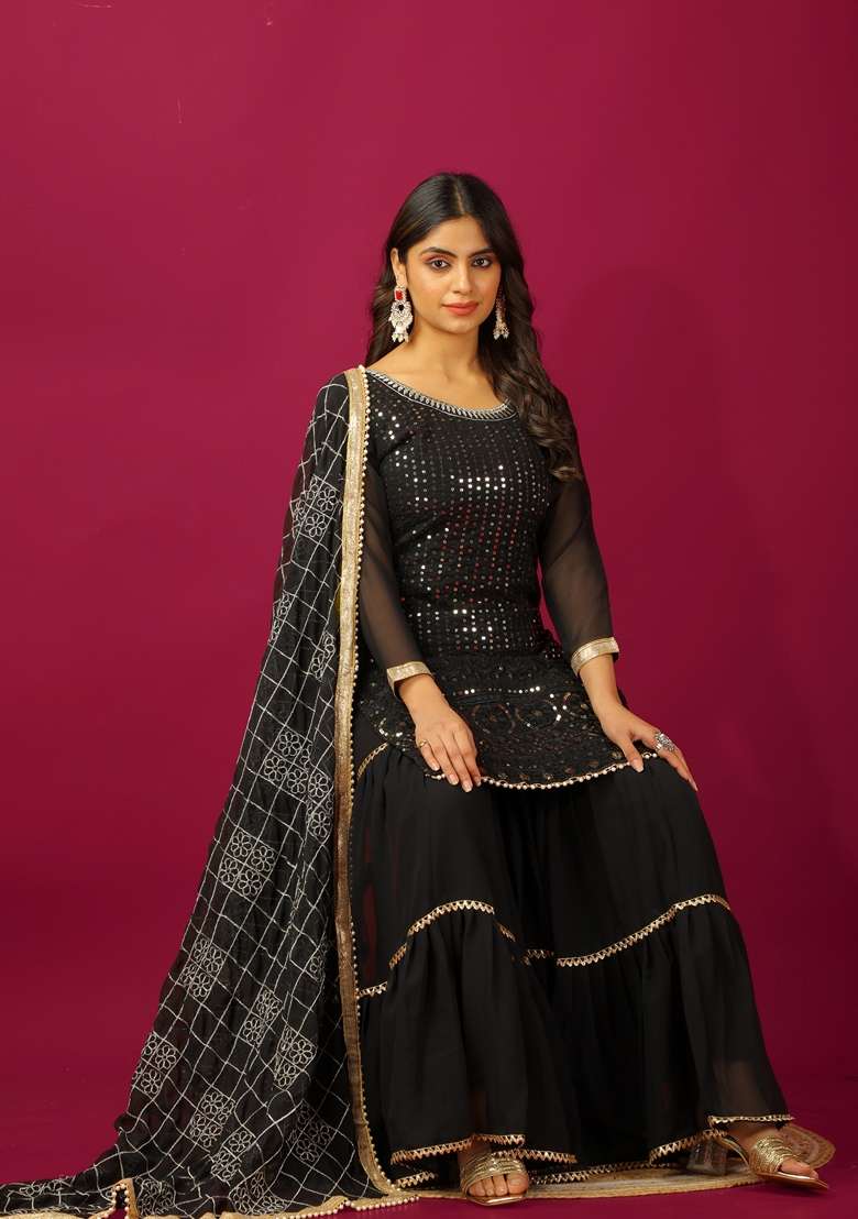 Black Thread Sequin Embroidered Faux Georgette Sharara Set - Indya