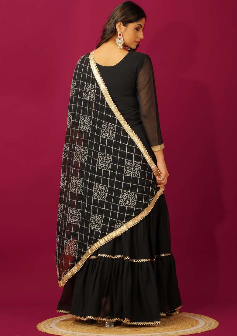 Black Thread Sequin Embroidered Faux Georgette Sharara Set - Indya