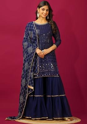 Blue Thread Sequin Embroidered Faux Georgette Sharara Set