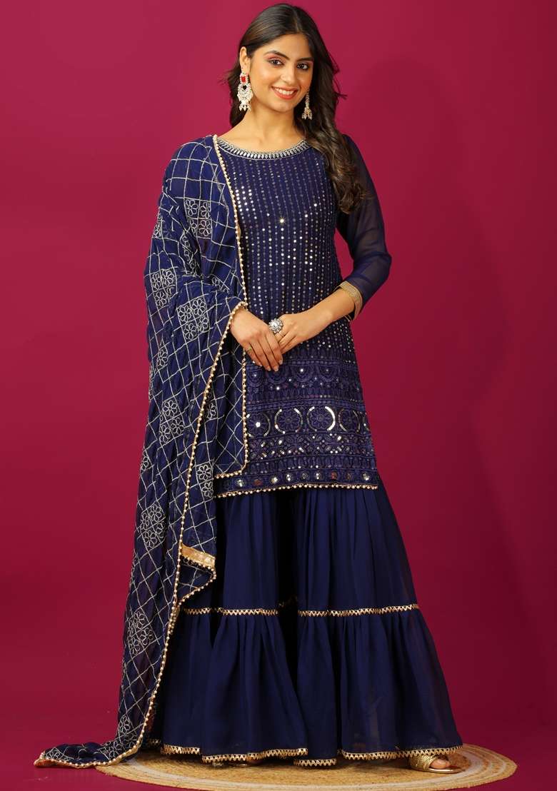 Blue Thread Sequin Embroidered Faux Georgette Sharara Set - Indya