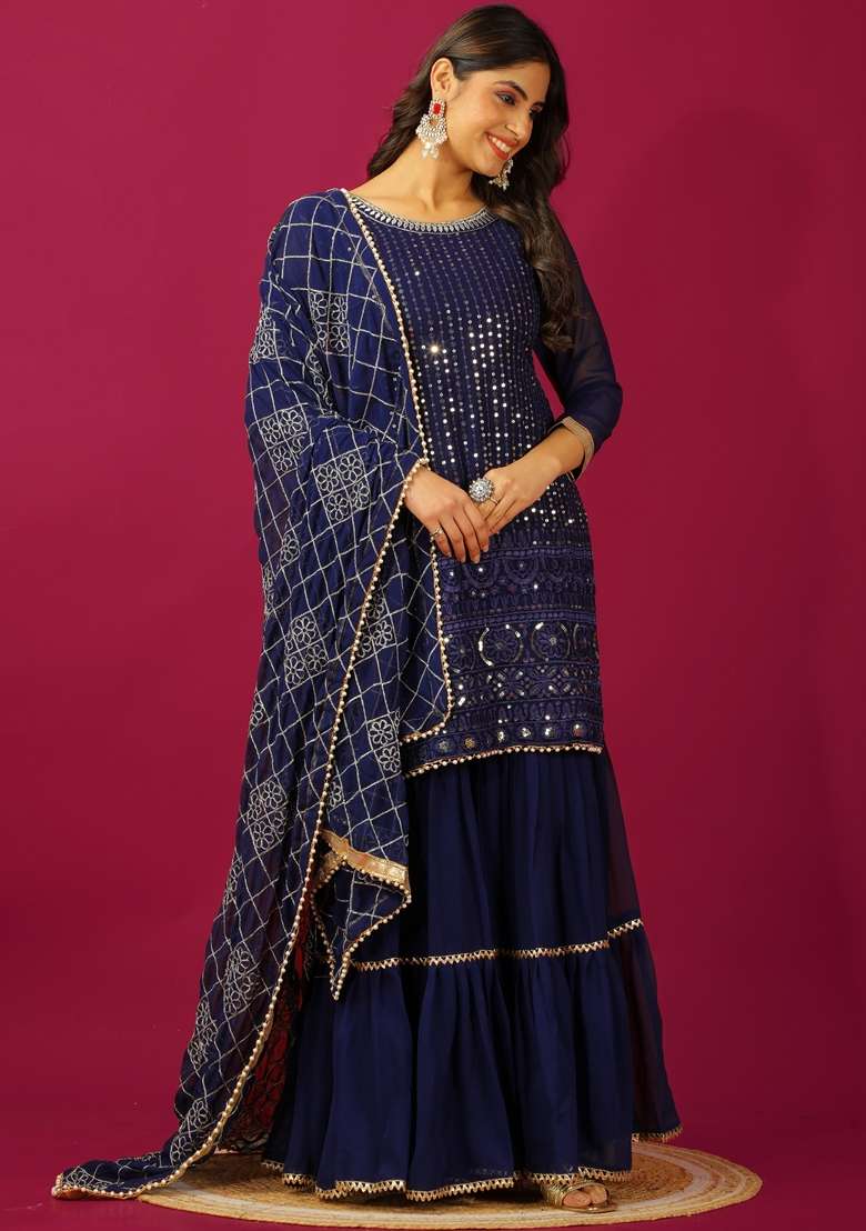 Blue Thread Sequin Embroidered Faux Georgette Sharara Set - Indya