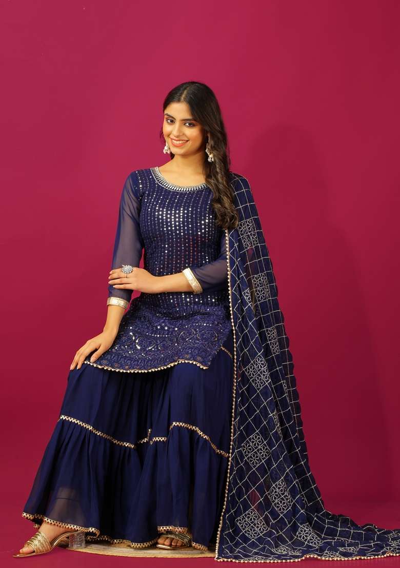 Blue Thread Sequin Embroidered Faux Georgette Sharara Set - Indya