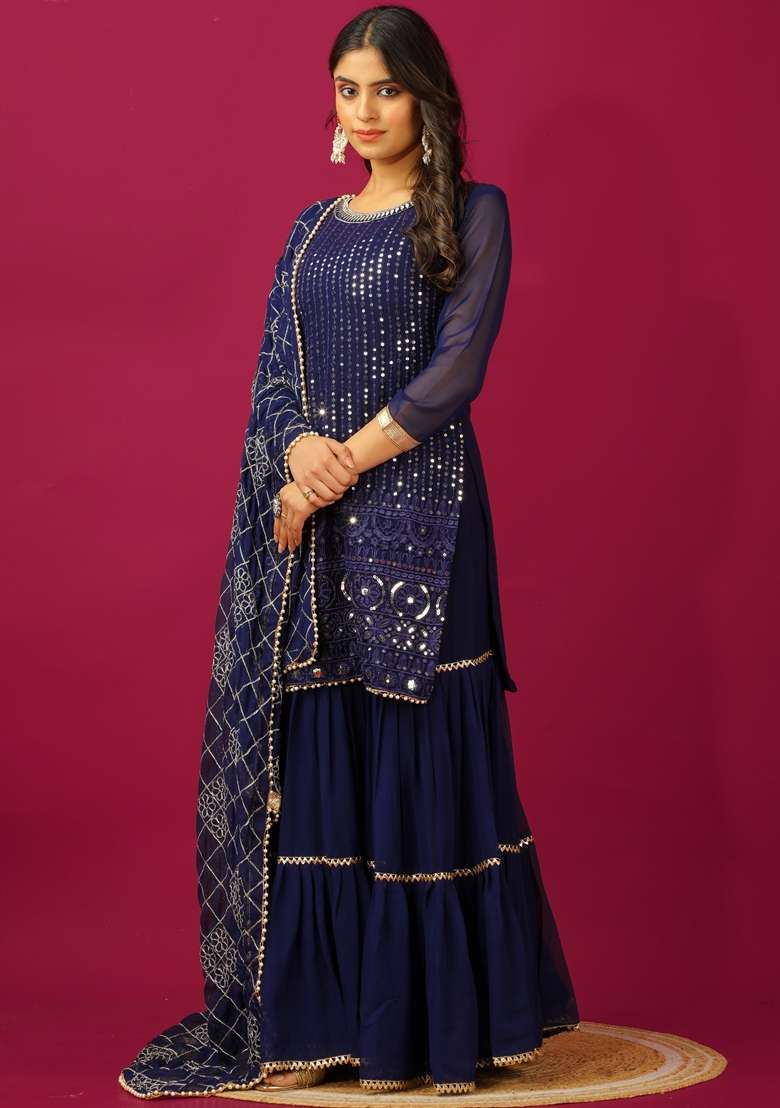 Blue Thread Sequin Embroidered Faux Georgette Sharara Set - Indya