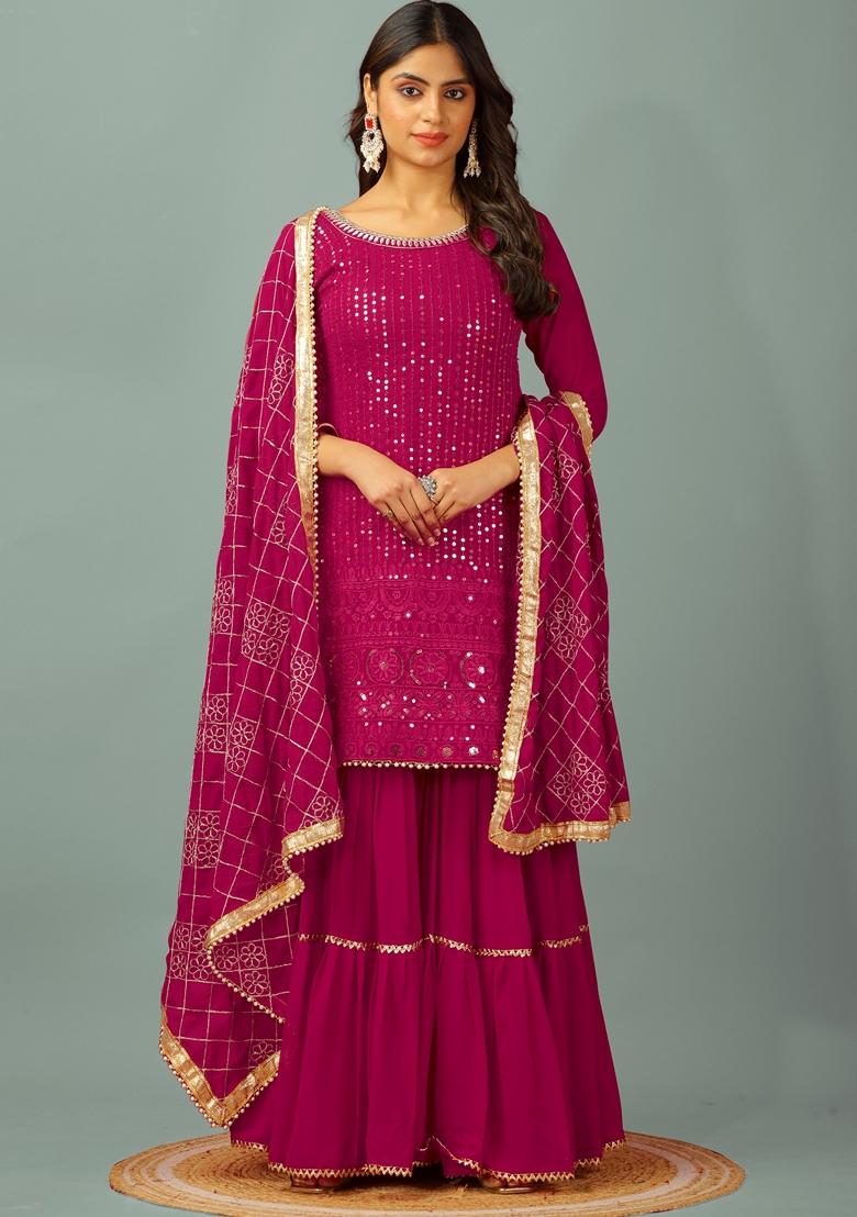 Rani Pink Thread Sequin Embroidered Faux Georgette Sharara Set