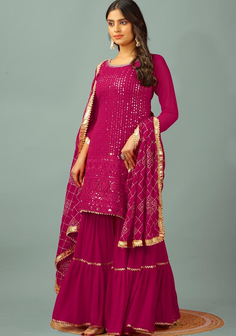 Rani Pink Thread Sequin Embroidered Faux Georgette Sharara Set