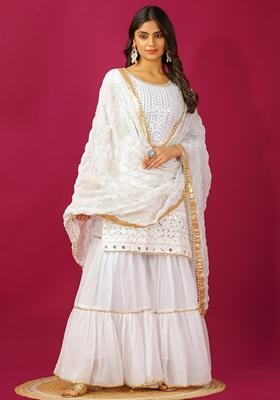 White Thread Sequin Embroidered Faux Georgette Sharara Set