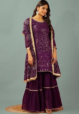 Wine Thread Sequin Embroidered Faux Georgette Sharara Set