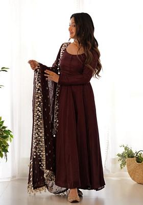 Coffee Brown Sequin Embroidered Silk Chanderi Anarkali Set