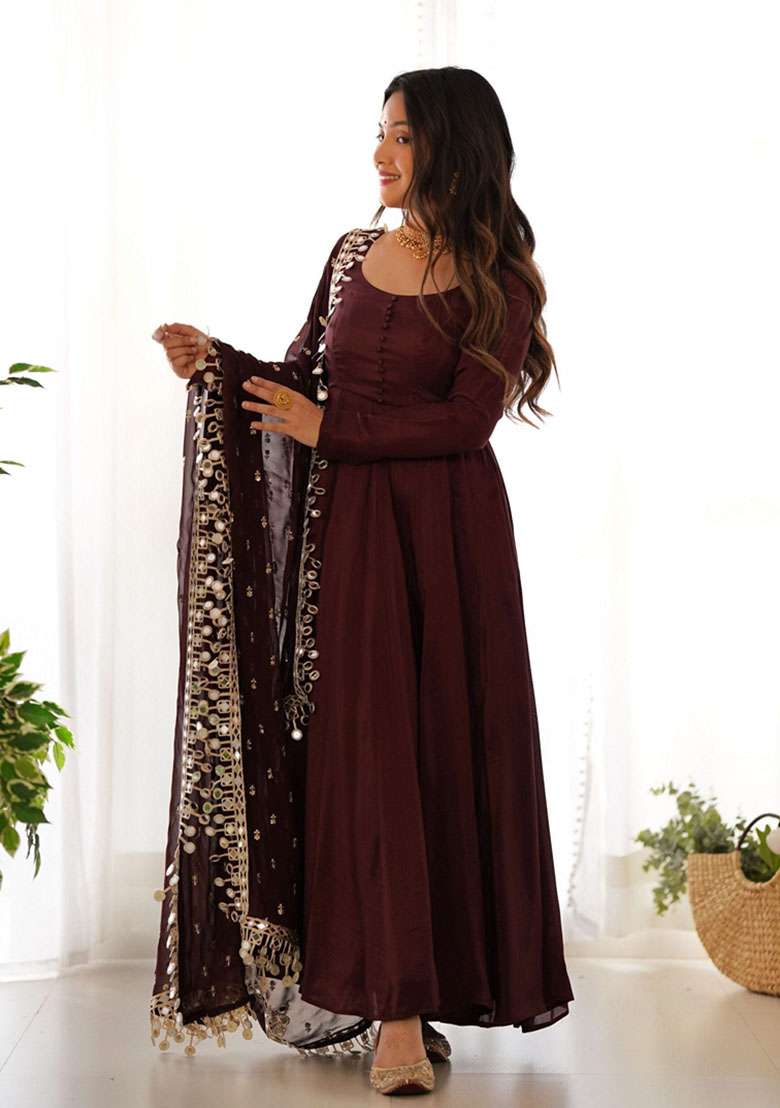 Coffee Brown Embroidered Silk Blend Anarkali Set - Indya
