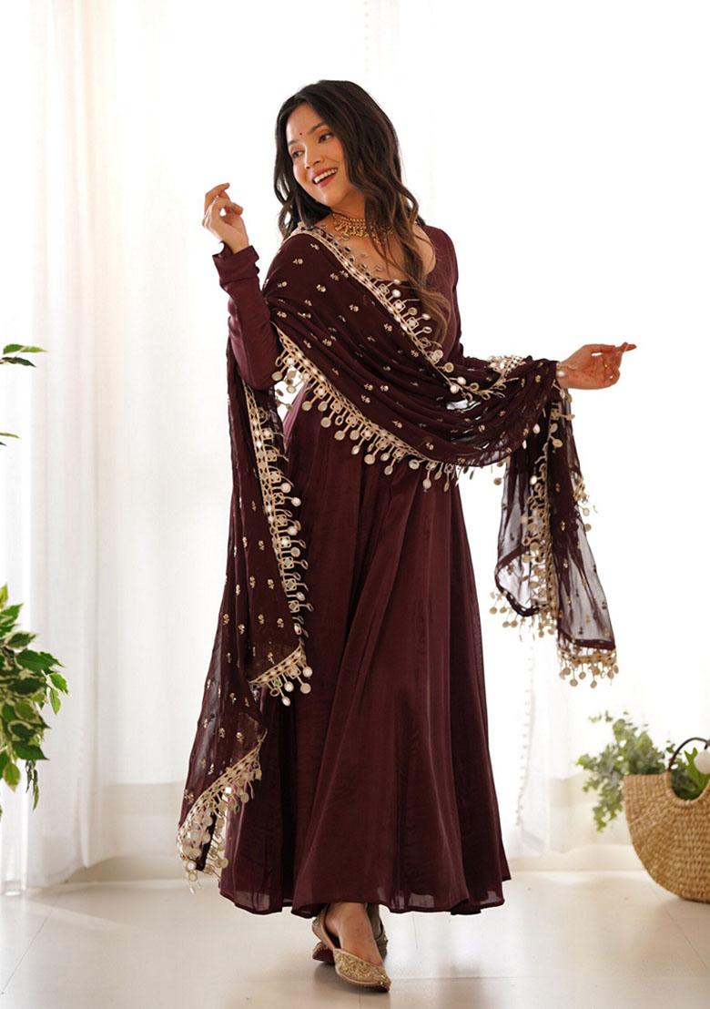 Coffee Brown Sequin Embroidered Silk Chanderi Anarkali Set