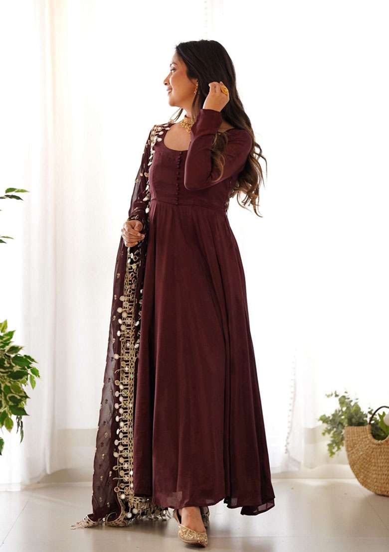 Coffee Brown Embroidered Silk Blend Anarkali Set - Indya