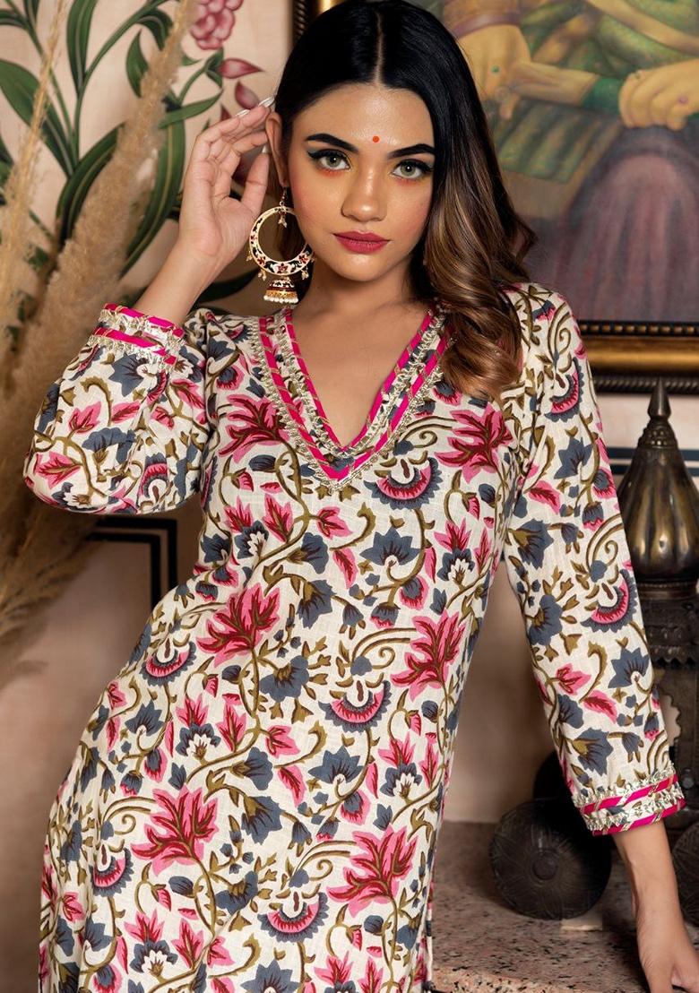 White Digital Print Rayon Kurta Set