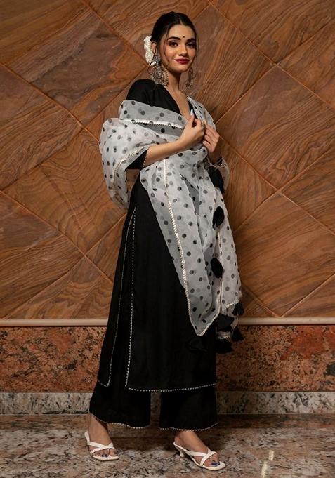 Black Cotton Blend Solid straight Kurta Pant with Digital Print Dupatta Set main image 1