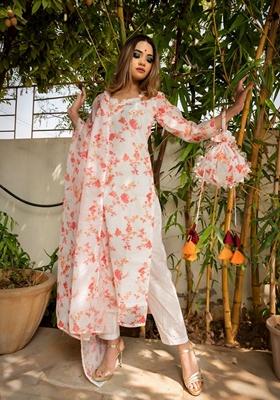White Digital Print Chanderi Kurta Set