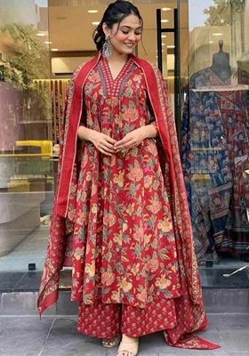 Maroon Digital Print Rayon Anarkali Set With Dupatta