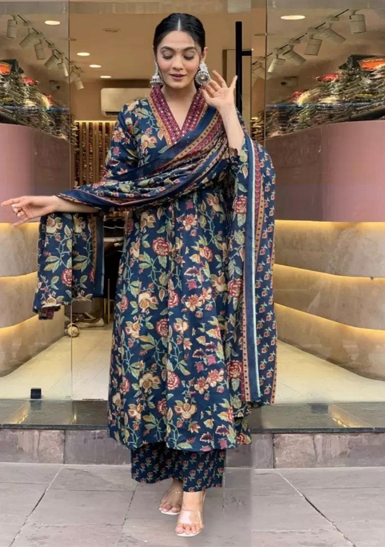 Blue Digital Print Rayon Anarkali Set