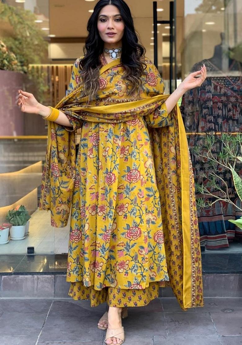Mustard Digital Print Rayon Anarkali Set